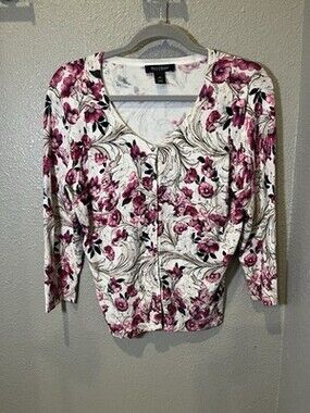 White House Black Market Floral Button Front Cardigan Sweater Women’s M Rayon